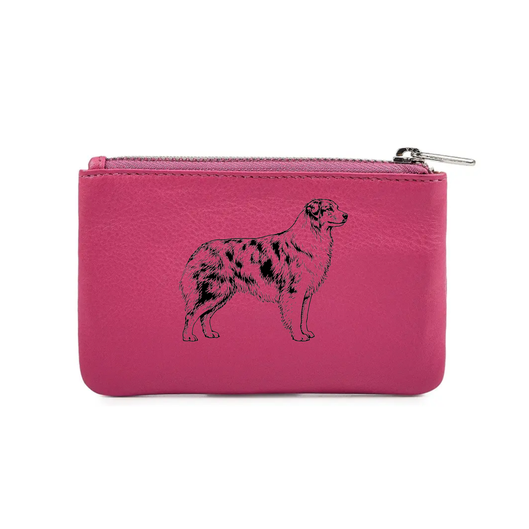 Australian Shepherd Standing Engraved Genuine Leather Coin Purse (Multiple Colour Options)
