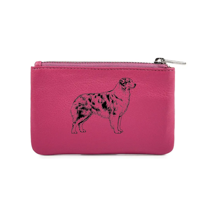 Australian Shepherd Standing Engraved Genuine Leather Coin Purse (Multiple Colour Options)