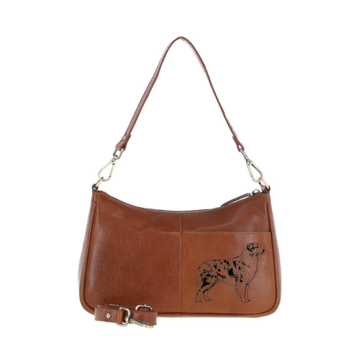 Australian Shepherd Standing Engraved Genuine Leather Shoulder Bag