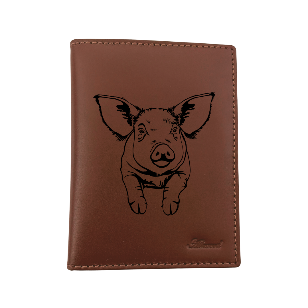 Pig Engraved Leather Passport Cover