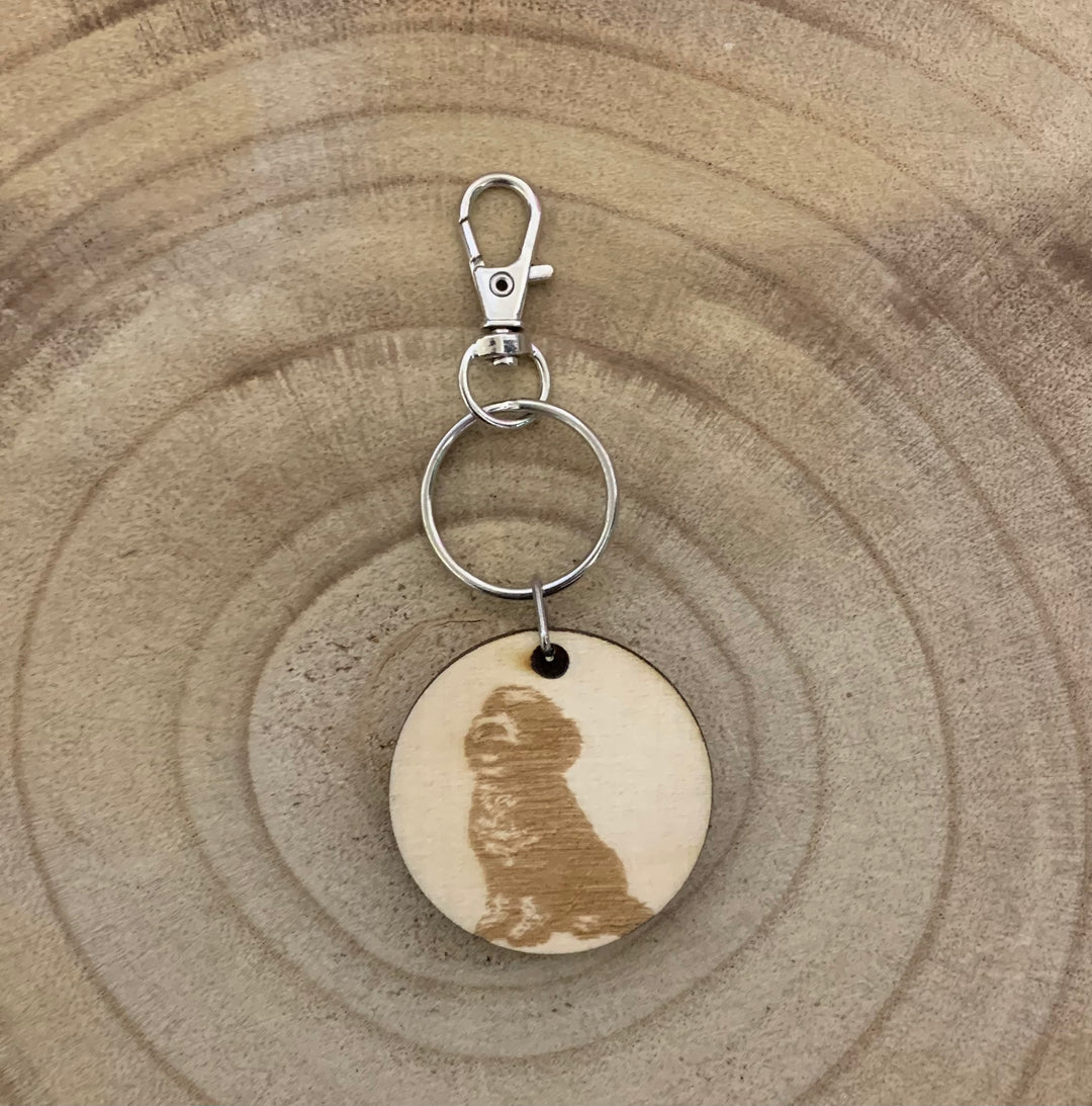 Cockapoo Sitting Dog Engraved Wooden Keyring