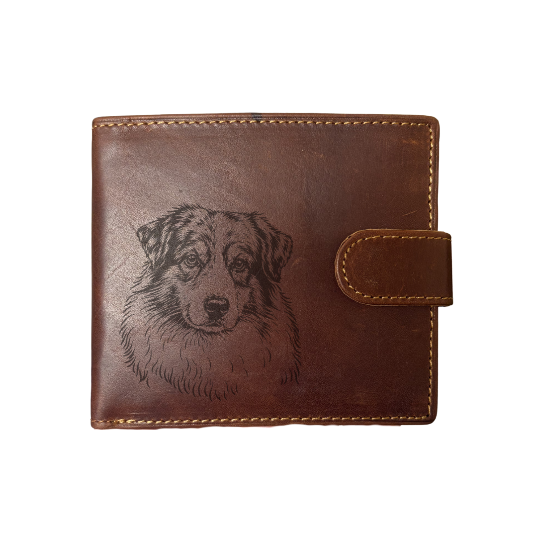 Personalised Australian Shepherd Face Engraved Dark Tan Genuine Leather Wallet