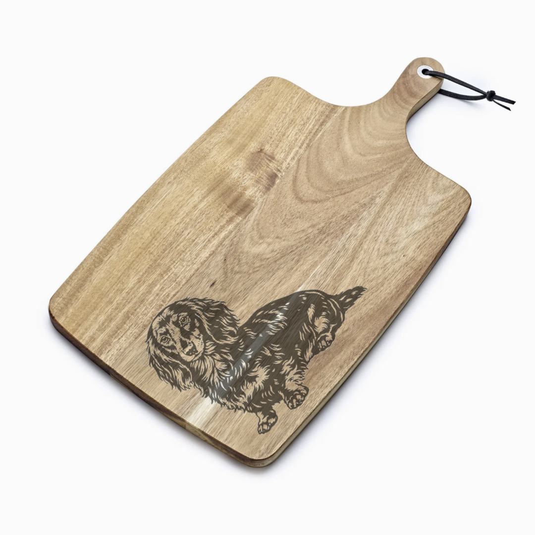 Personalised Longhair Dachshund Sitting Engraved Acacia Serving Board