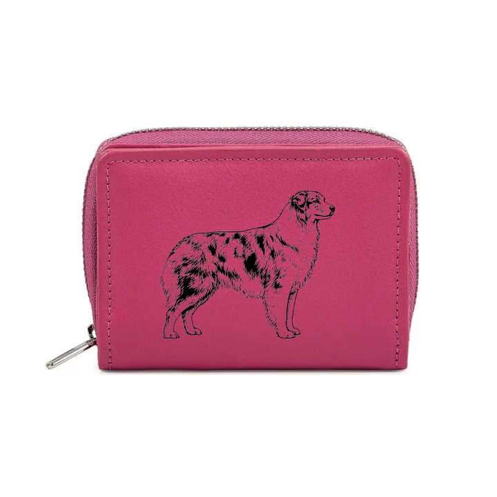 Australian Shepherd Standing Engraved Small Leather Purse (Green/Pink/Blue/Red)