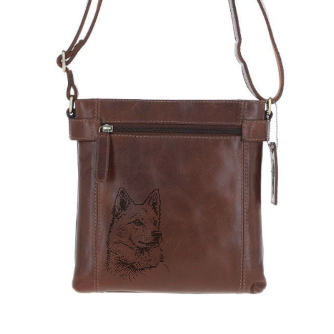 Finnish Spitz Face Engraved Leather Two Section Zip Top Crossbody Bag