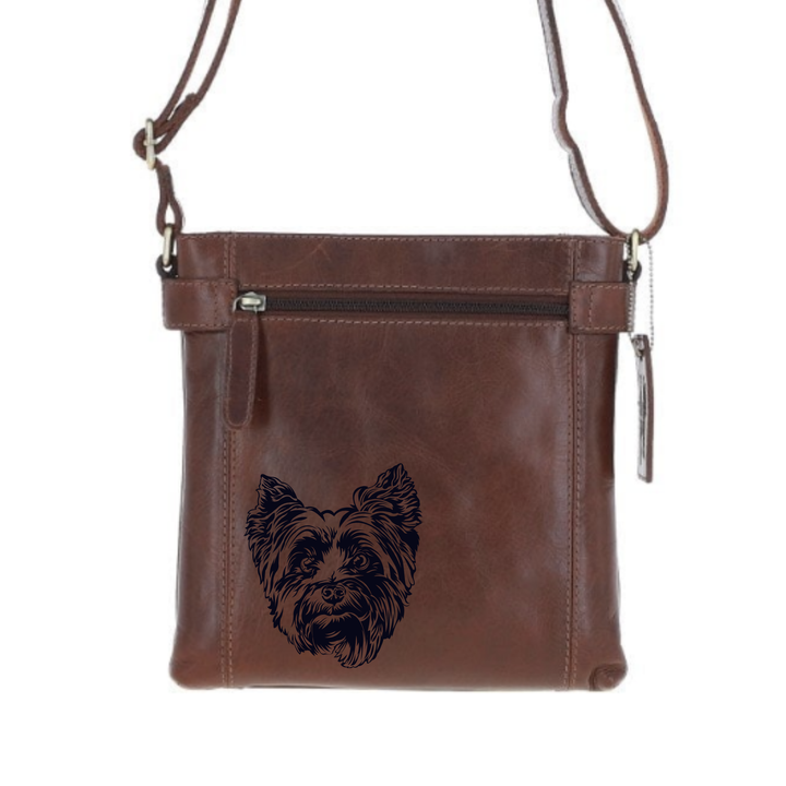 Yorkshire Terrier Face Engraved Leather Two Section Zip Top Crossbody Bag