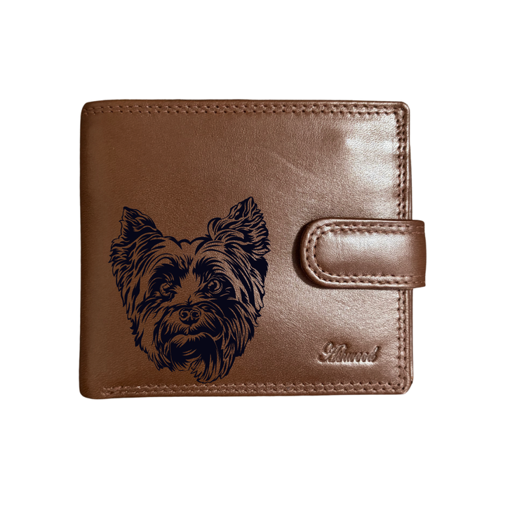 Personalised Yorkshire Terrier Face Engraved Dark Tan Genuine Leather Wallet