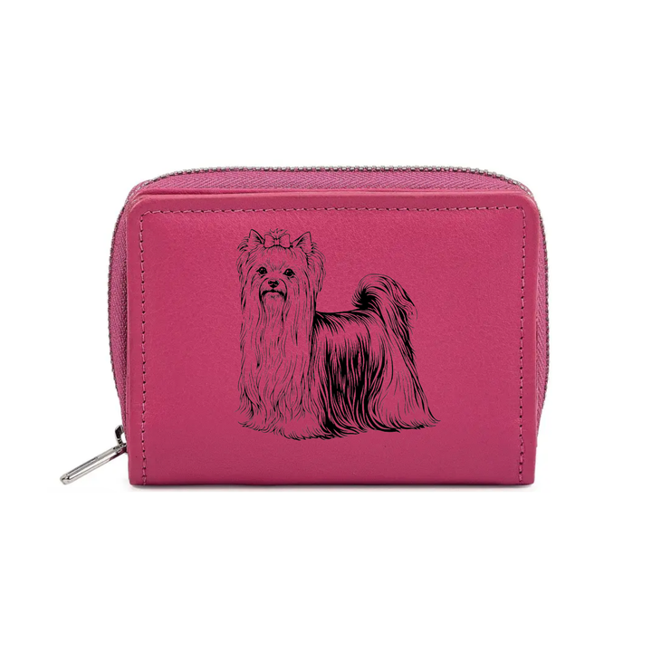 Yorkshire Terrier Standing Engraved Small Leather Purse (Green/Pink/Blue/Red)