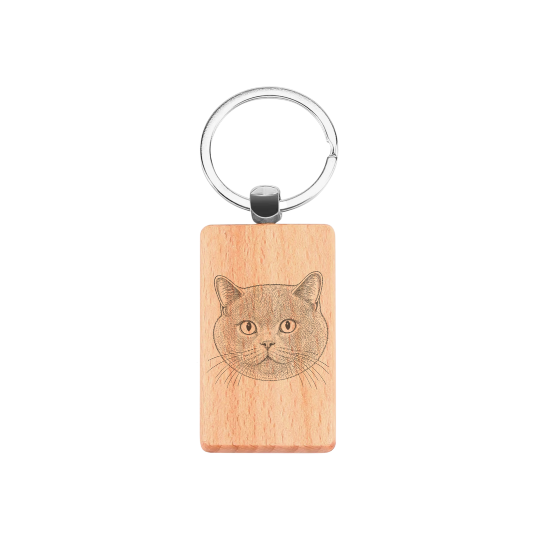 British Shorthair Cat Face Engraved Rectangle Wooden Keyring