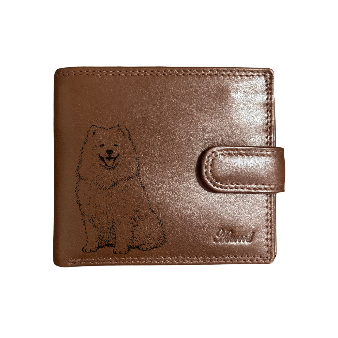 Personalised Samoyed Sitting Engraved Dark Tan Genuine Leather Wallet