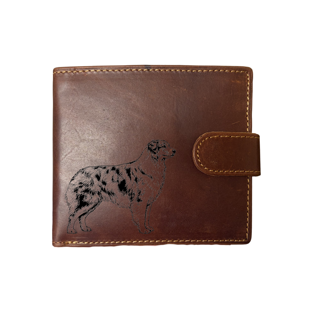 Personalised Australian Shepherd Standing Engraved Dark Tan Genuine Leather Wallet