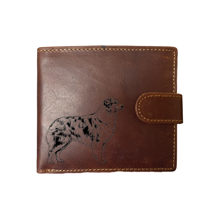 Personalised Australian Shepherd Standing Engraved Dark Tan Genuine Leather Wallet