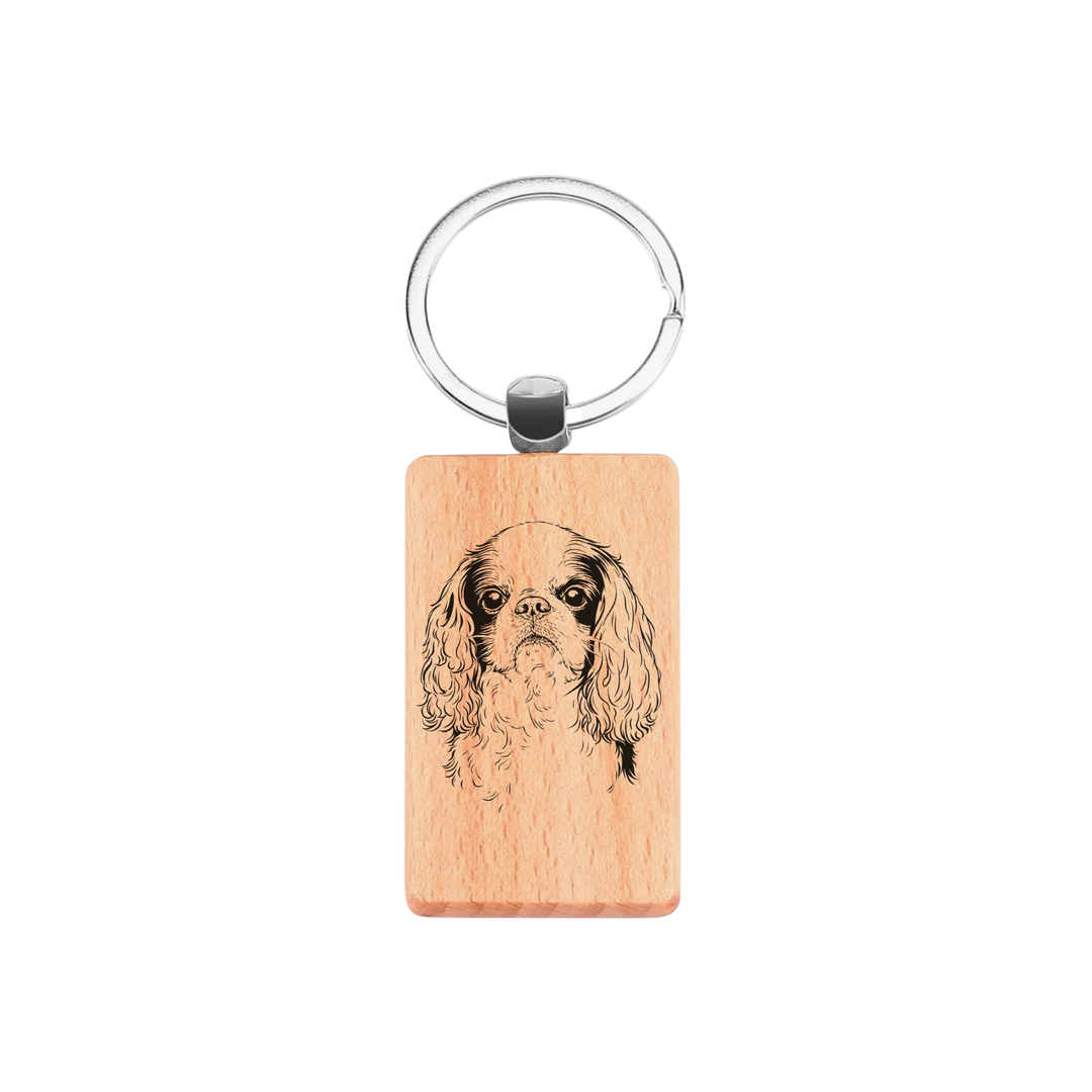 King Charles Spaniel Face Engraved Rectangle Wooden Keyring