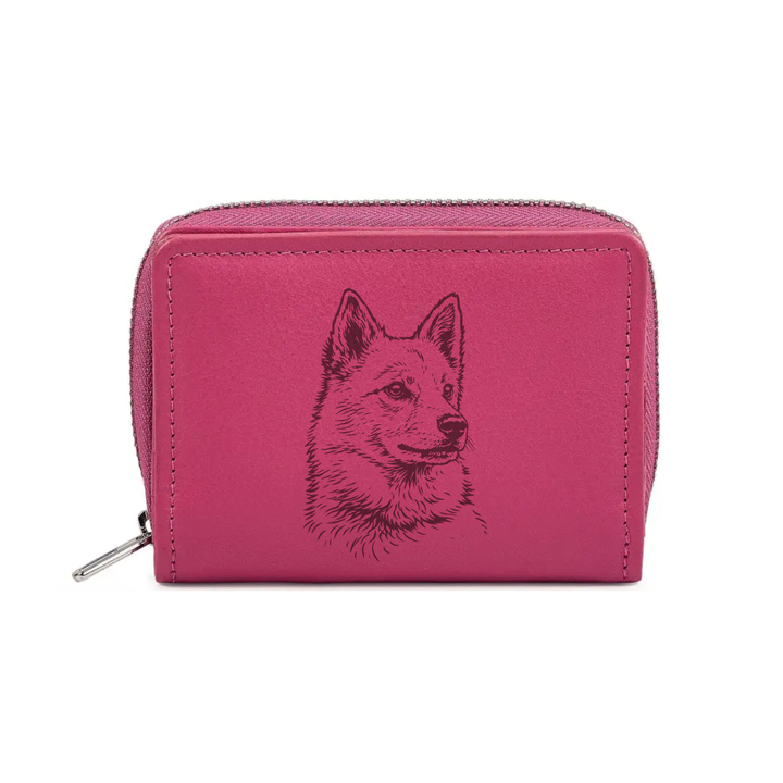 Finnish Spitz Face Engraved Small Leather Purse (Green/Pink/Blue/Red)