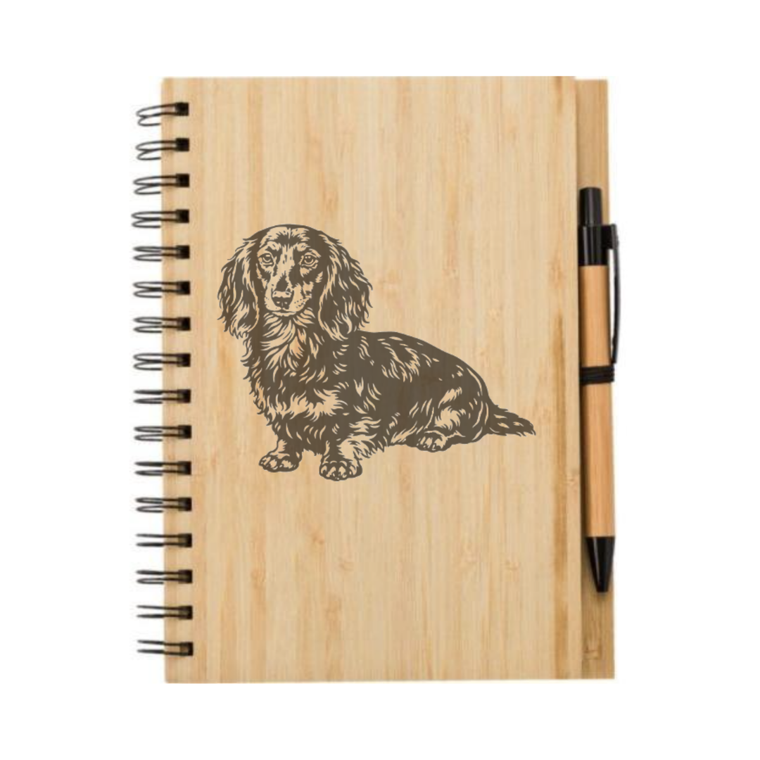 Longhaired Dachshund Sitting Illustration Engraved Notebook
