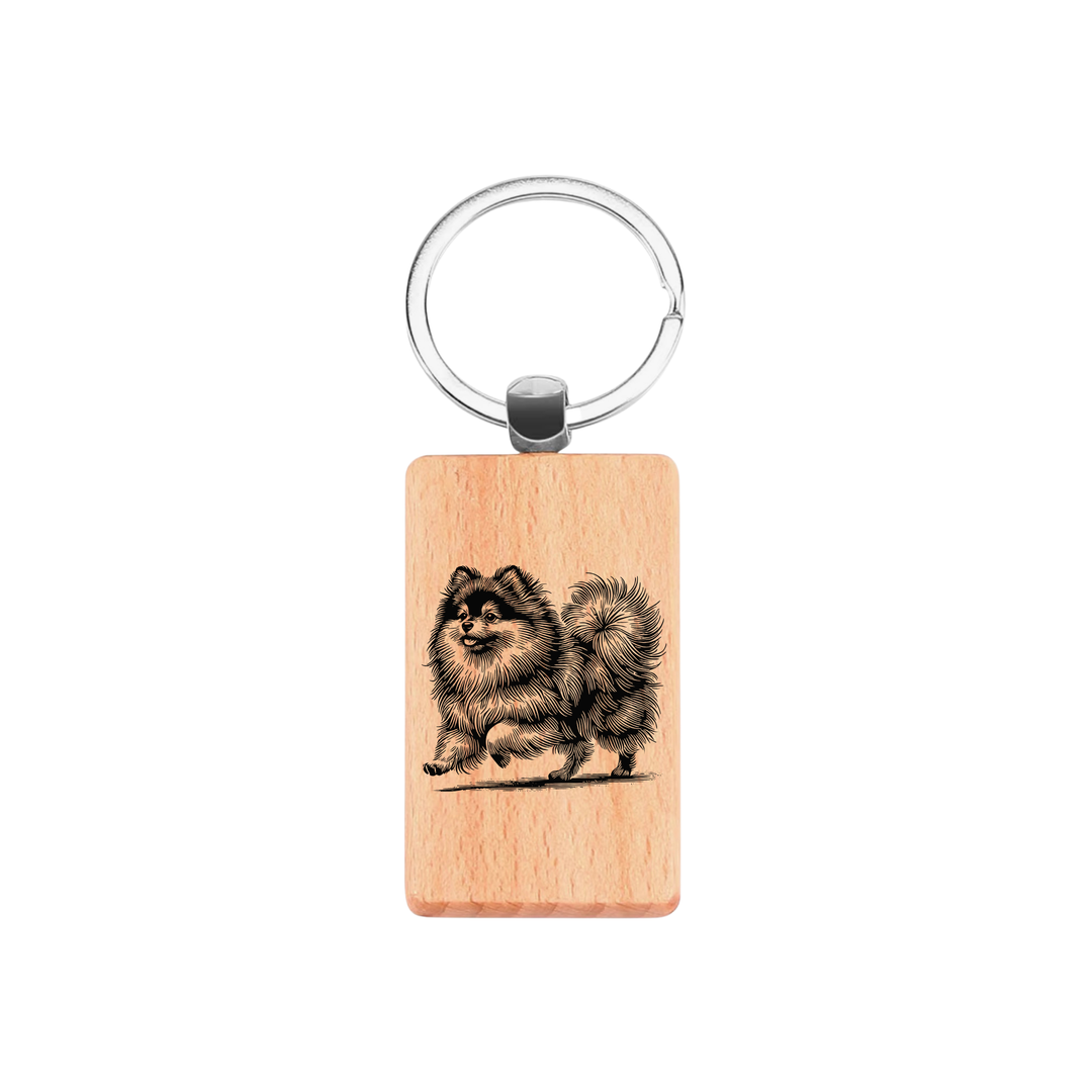 Pomeranian Running Engraved Rectangle Wooden Keyring