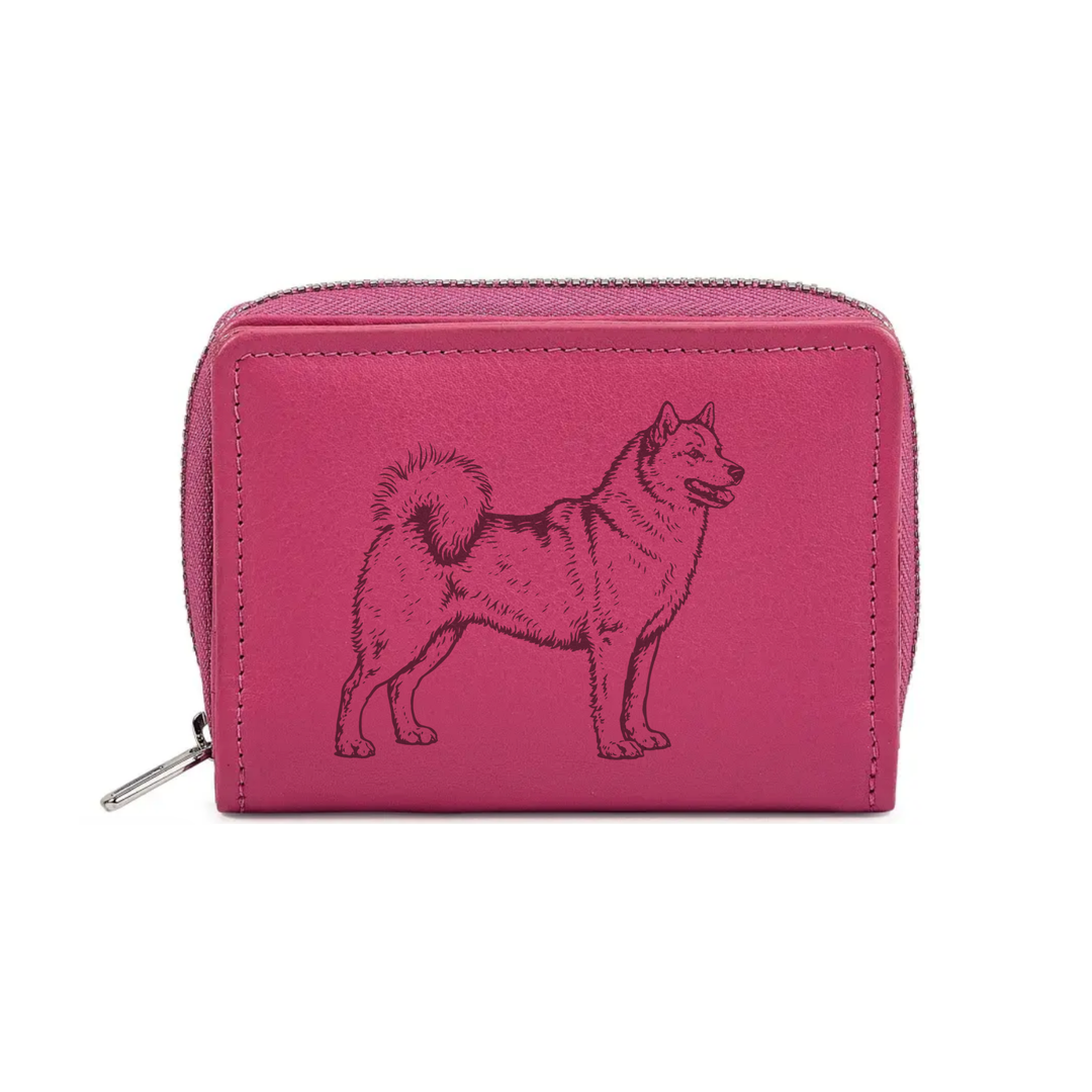 Finnish Spitz Standing Engraved Small Leather Purse (Green/Pink/Blue/Red)