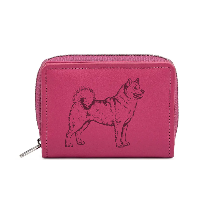 Finnish Spitz Standing Engraved Small Leather Purse (Green/Pink/Blue/Red)