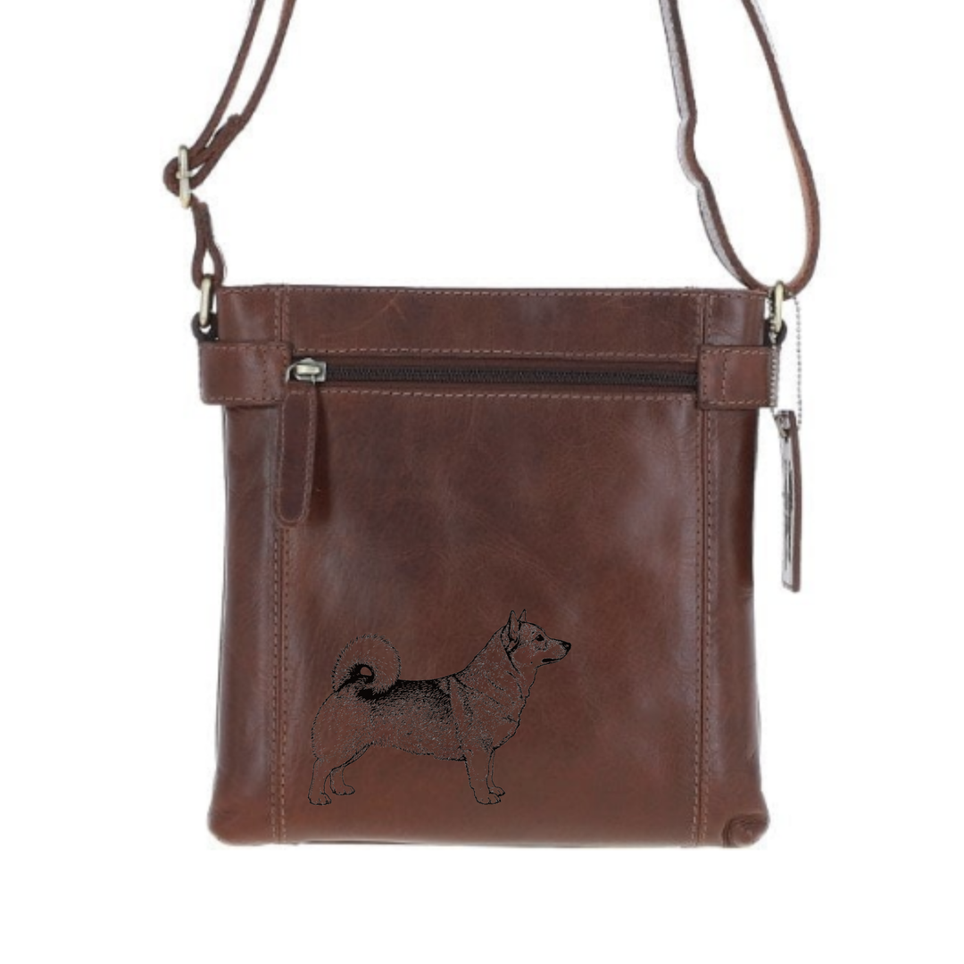 Swedish Vallhund Engraved Leather Two Section Zip Top Crossbody Bag