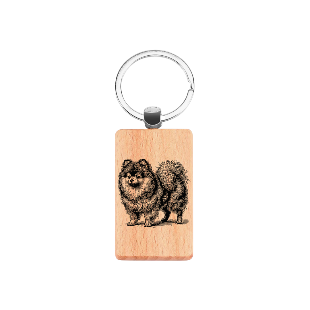 Pomeranian Standing Engraved Rectangle Wooden Keyring