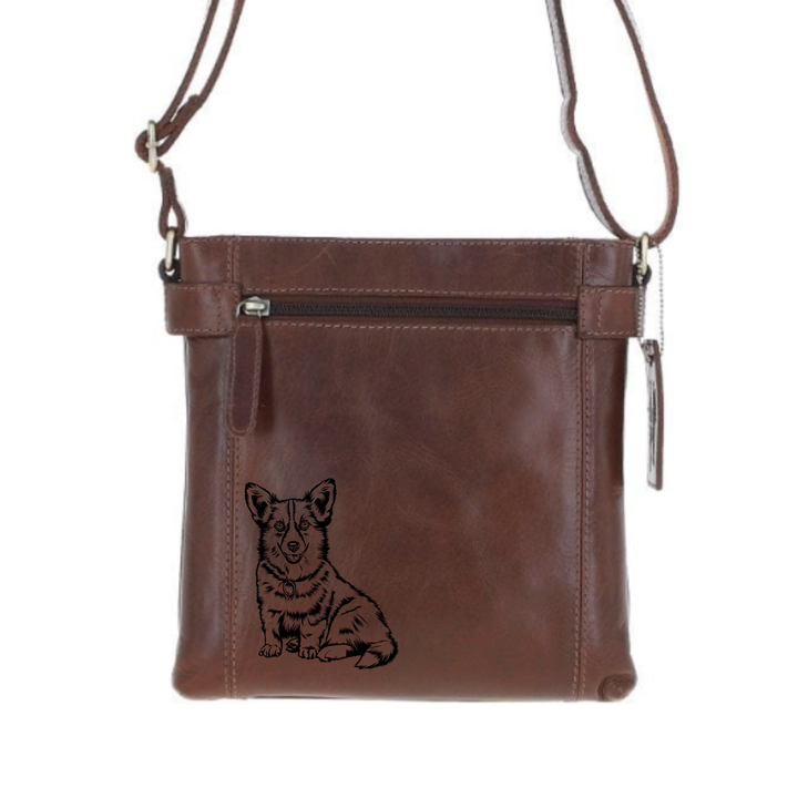 Corgi Engraved Leather Two Section Zip Top Crossbody Bag