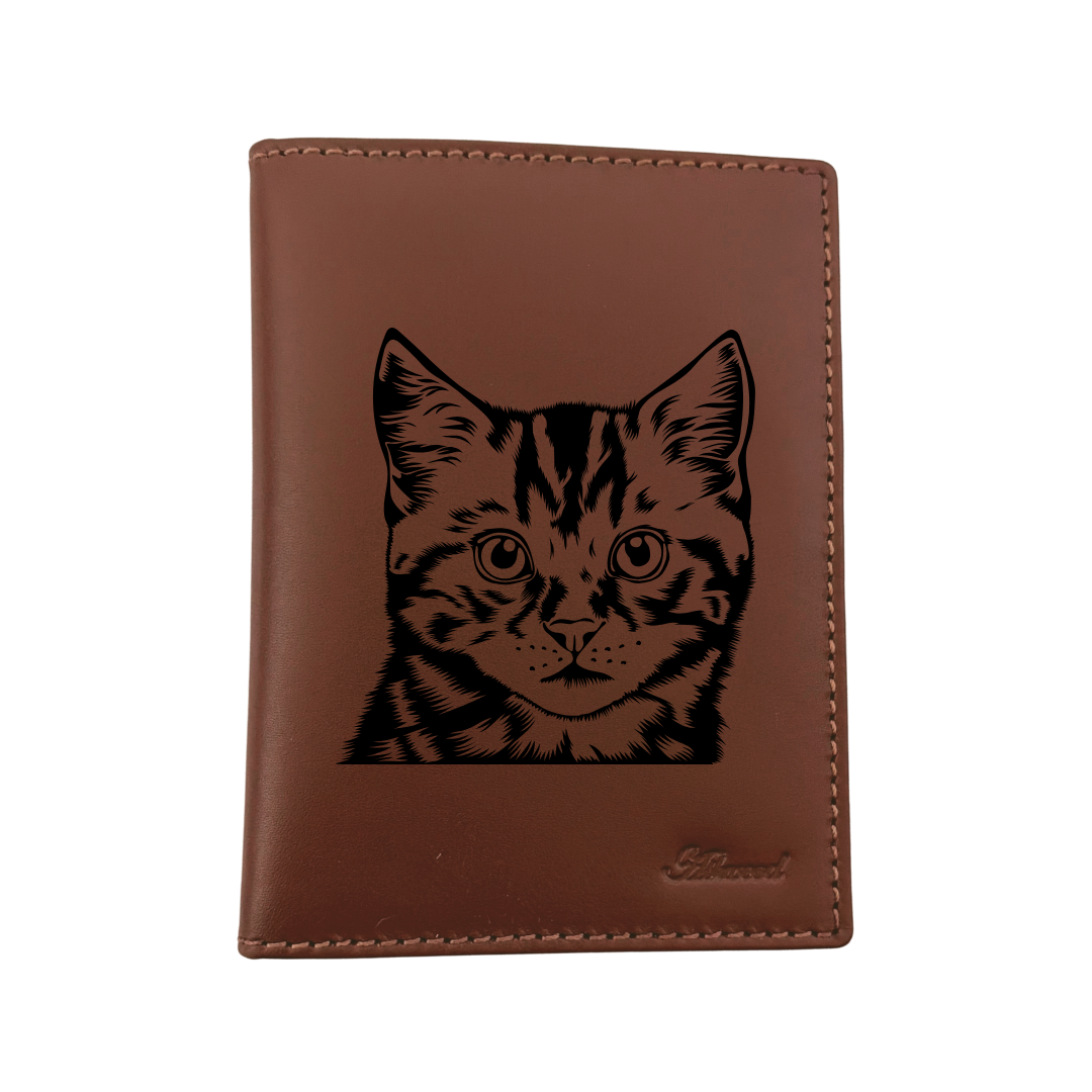 Tabby Cat Face Engraved Leather Passport Cover