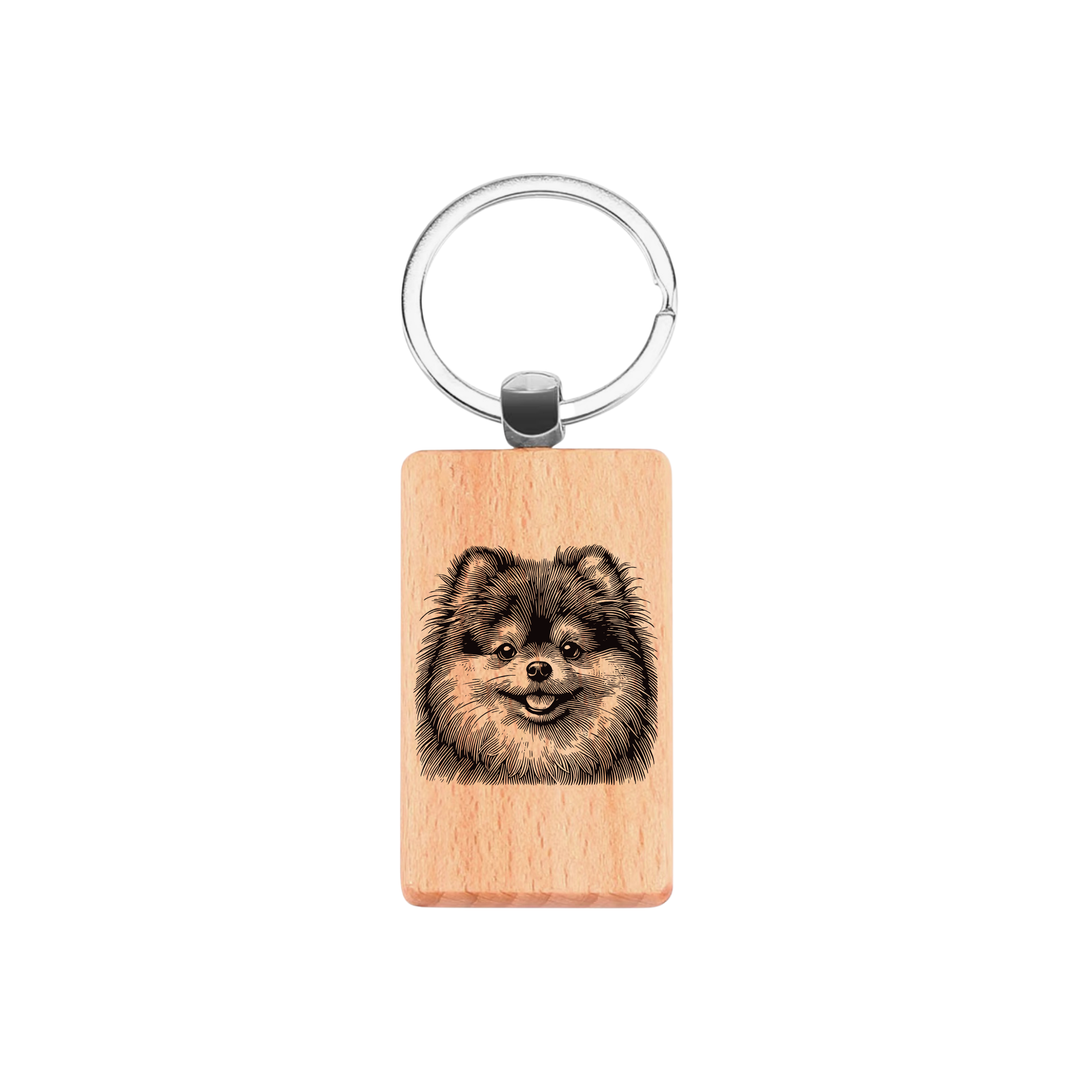 Pomeranian Face Engraved Rectangle Wooden Keyring