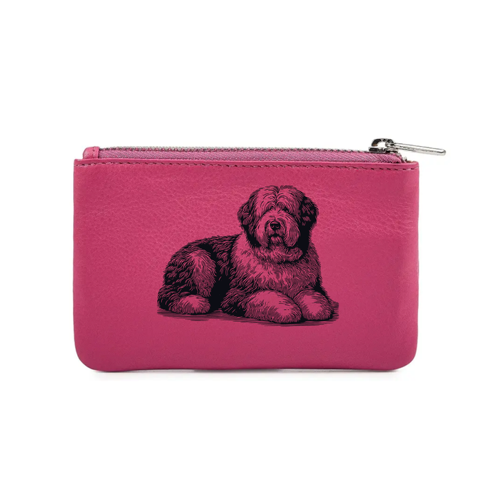 Old English Sheepdog Lying Down Engraved Genuine Leather Coin Purse (Multiple Colour Options)