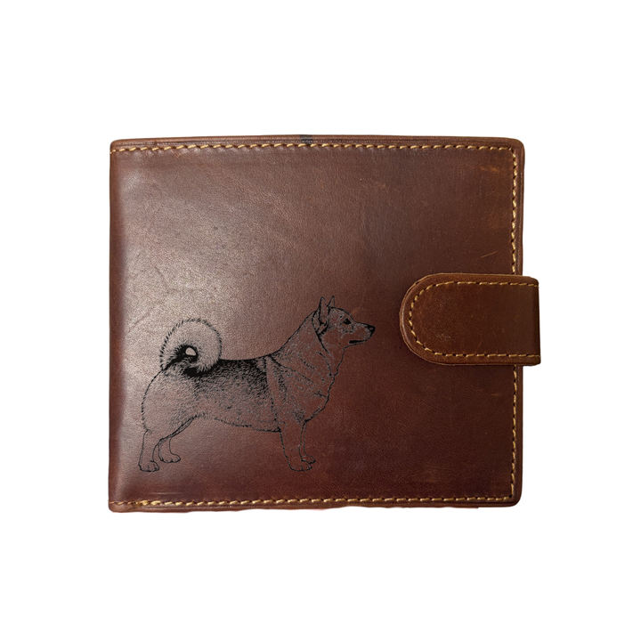 Personalised Swedish Vallhund Standing Engraved Dark Tan Genuine Leather Wallet