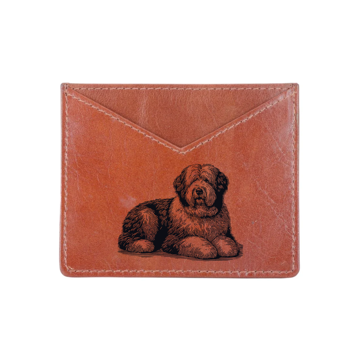 Old English Sheepdog Lying Down Engraved Genuine Leather Cardholder