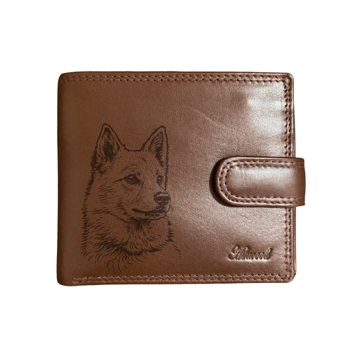 Personalised Finnish Spitz Face Engraved Dark Tan Genuine Leather Wallet