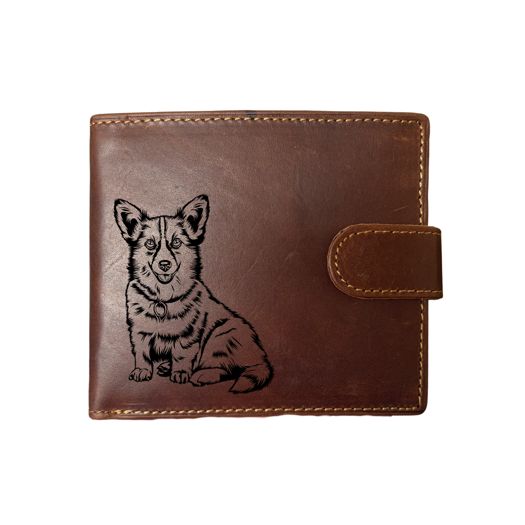 Personalised Corgi Engraved Dark Tan Genuine Leather Wallet