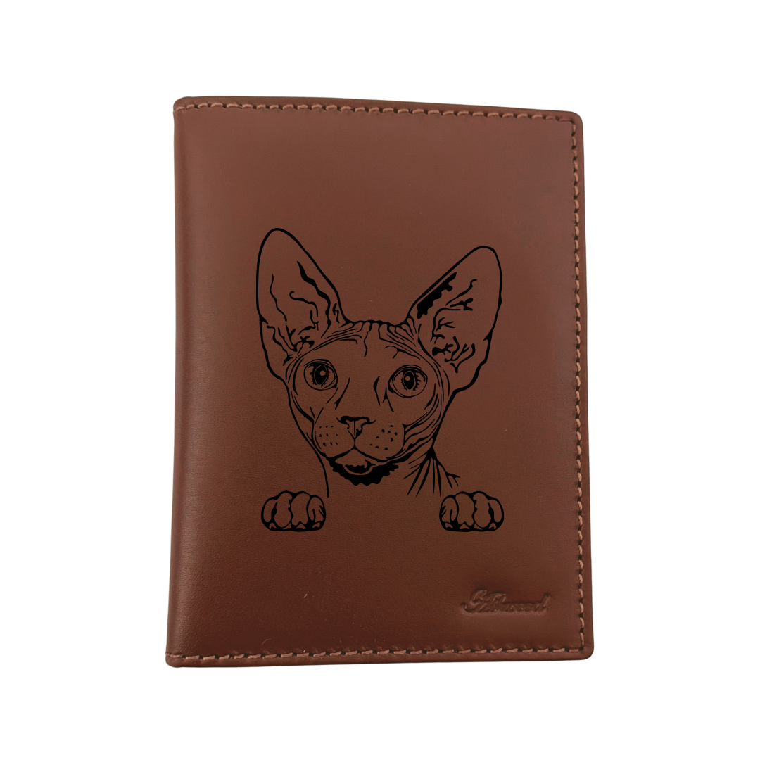 Sphynx Cat Face Engraved Leather Passport Cover