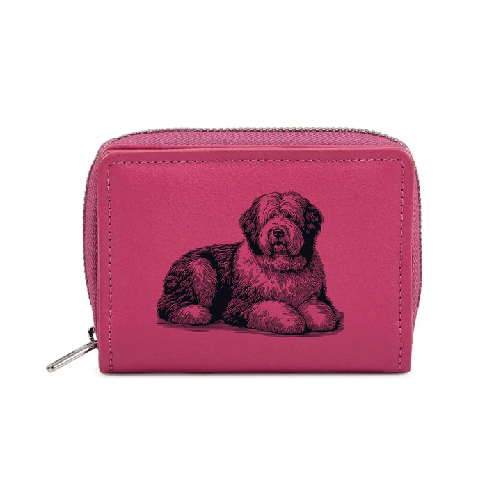 Old English Sheepdog Lying Down Engraved Small Leather Purse (Green/Pink/Blue/Red)