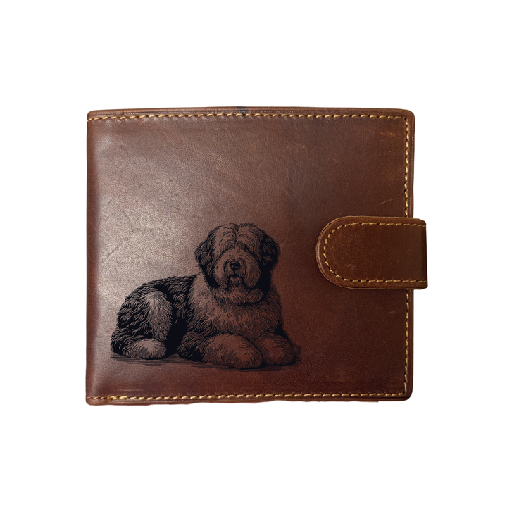 Personalised Old English Sheepdog LD Engraved Dark Tan Genuine Leather Wallet