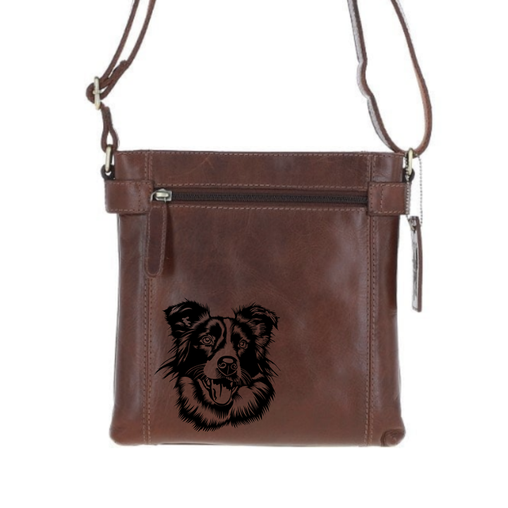 Border Collie Face Engraved Leather Two Section Zip Top Crossbody Bag