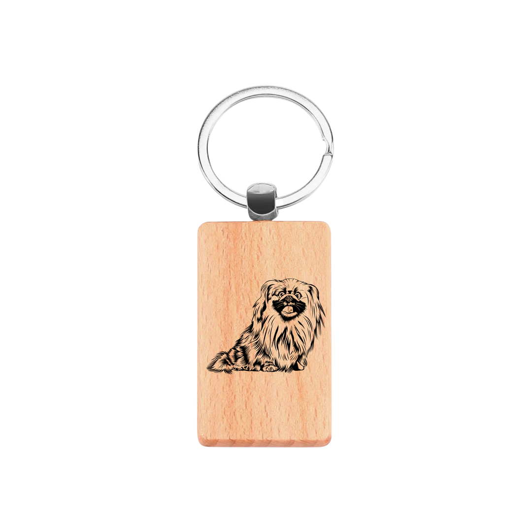 Pekingese Sitting Engraved Rectangle Wooden Keyring