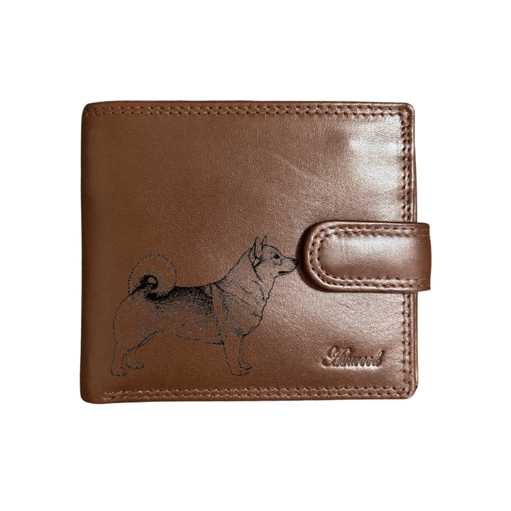 Personalised Swedish Vallhund Standing Engraved Dark Tan Genuine Leather Wallet