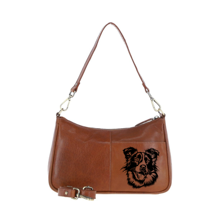 Border Collie Engraved Genuine Leather Shoulder Bag