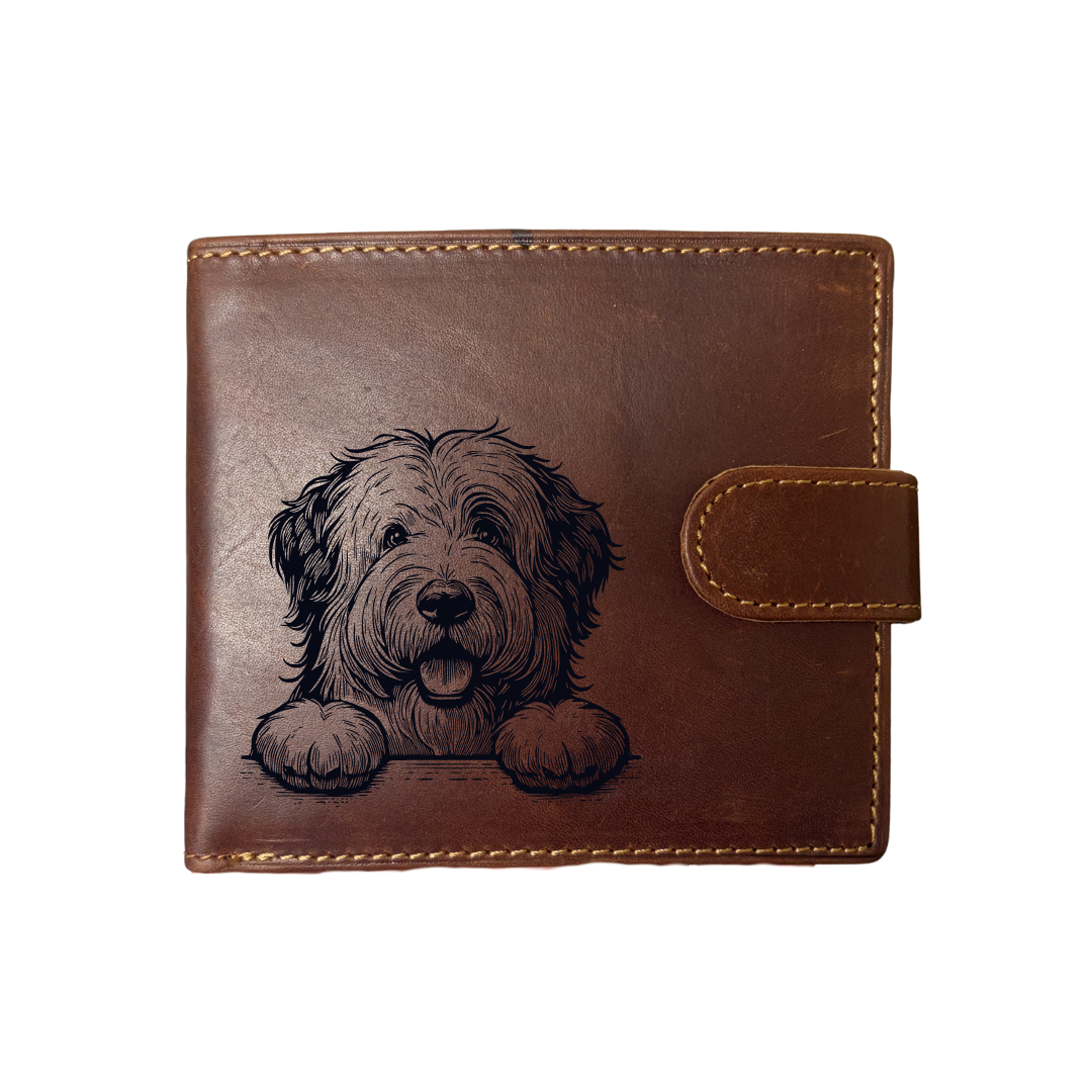 Personalised Old English Sheepdog Paws Engraved Dark Tan Genuine Leather Wallet