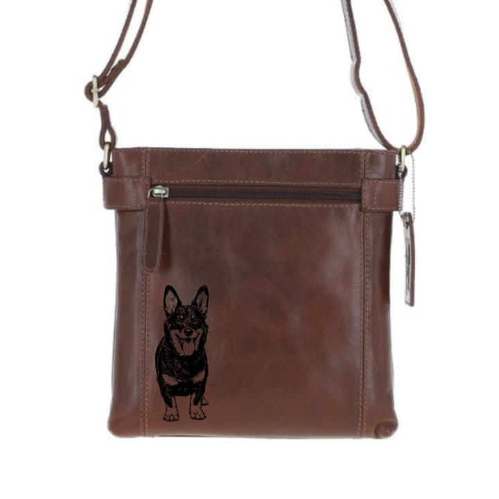 Lancashire Heeler Standing Engraved Leather Two Section Zip Top Crossbody Bag