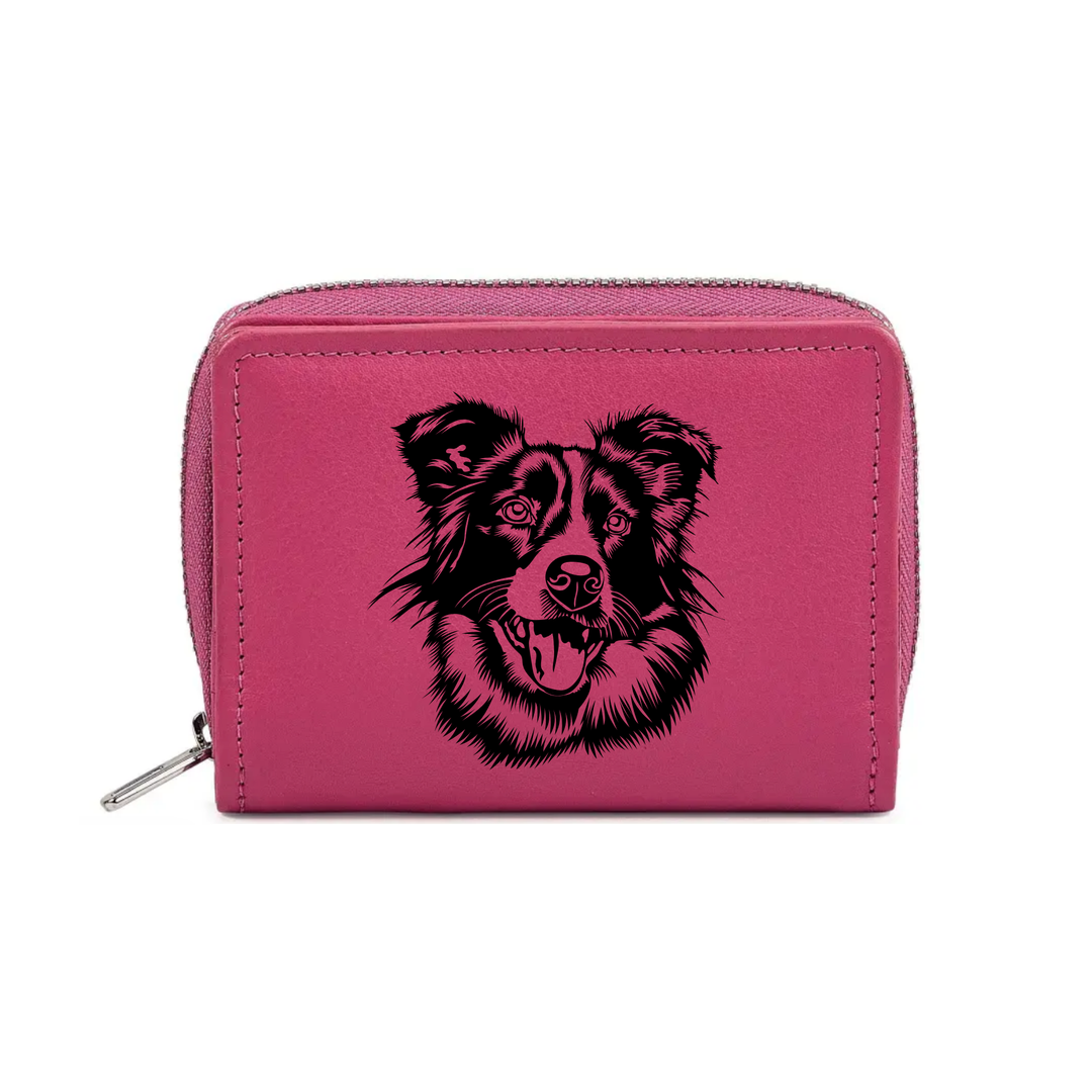 Border Collie Engraved Small Leather Purse (Green/Pink/Blue/Red)