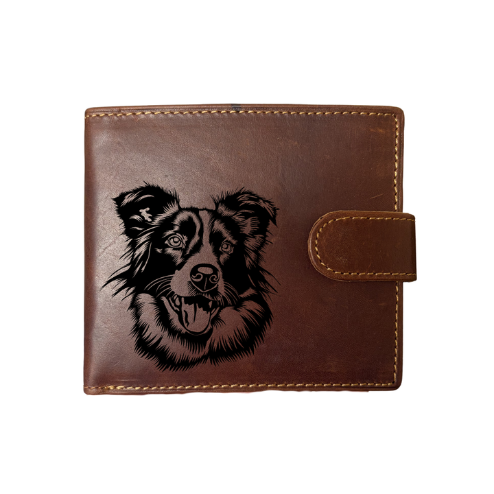 Personalised Border Collie Face Engraved Dark Tan Genuine Leather Wallet