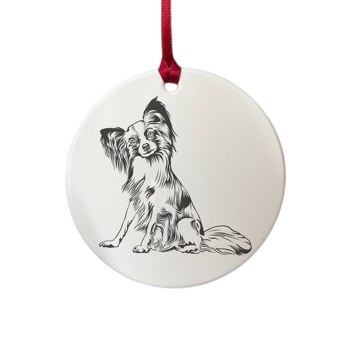 Personalised Papillon Sitting Engraved White Acrylic Decoration