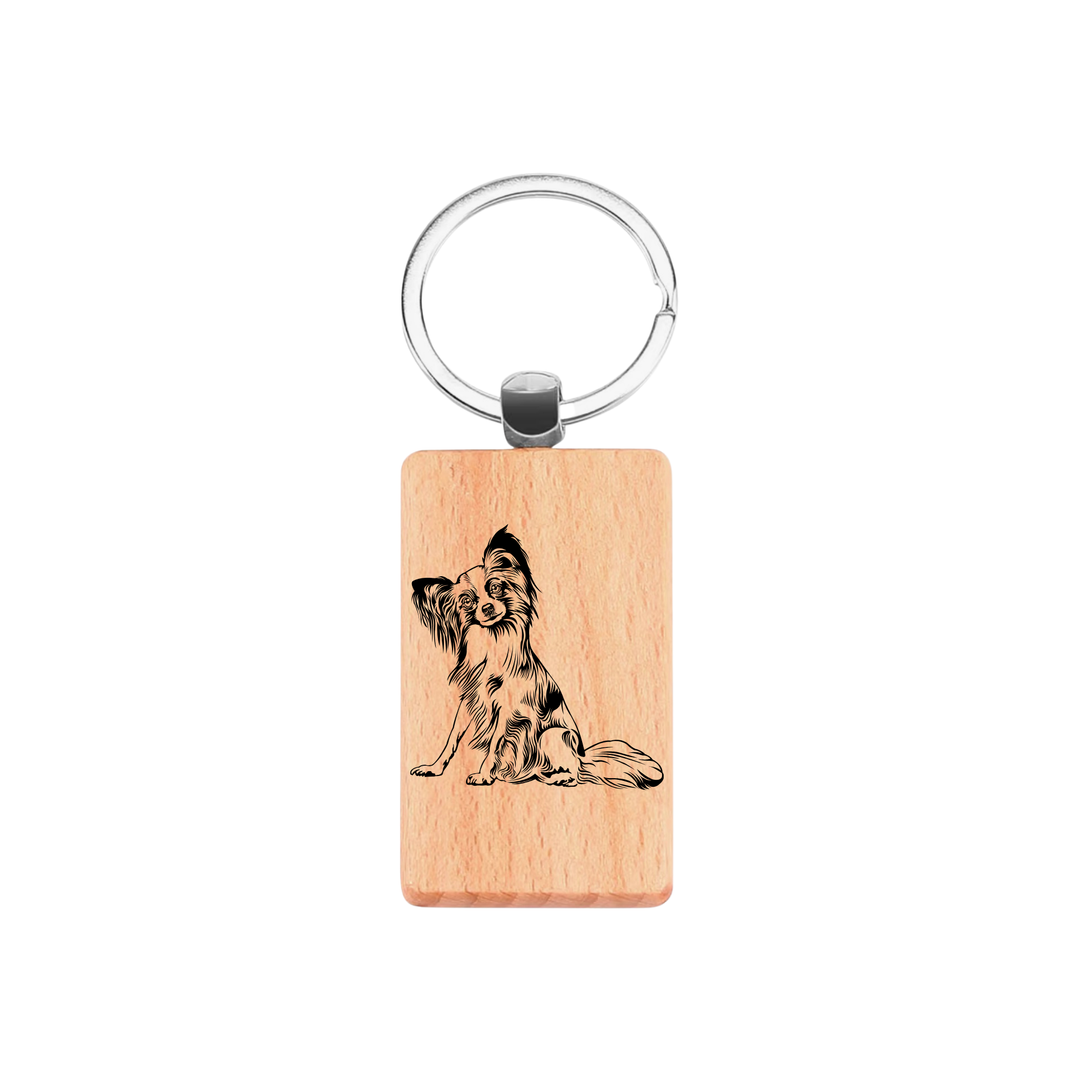 Papillon Sitting Engraved Rectangle Wooden Keyring