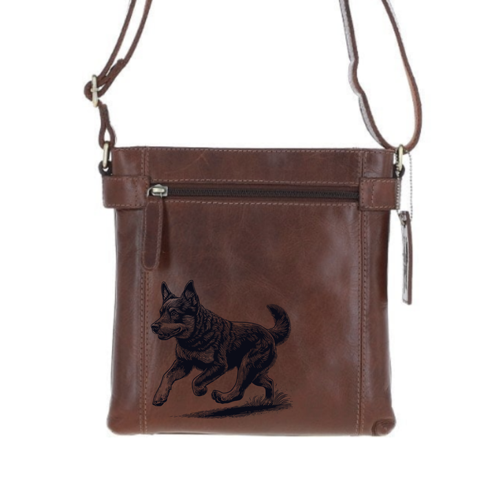 Lancashire Heeler Running Engraved Leather Two Section Zip Top Crossbody Bag
