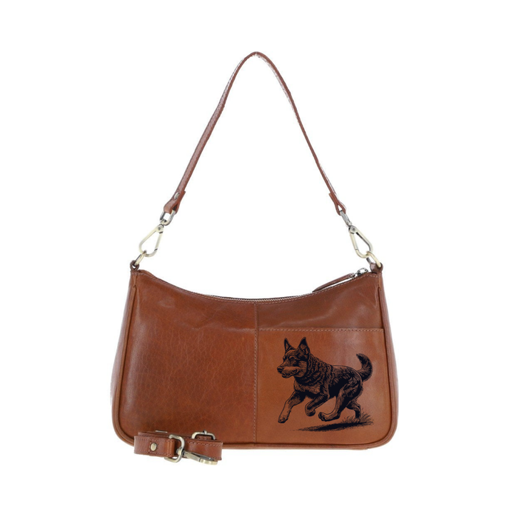 Lancashire Heeler Running Engraved Genuine Leather Shoulder Bag
