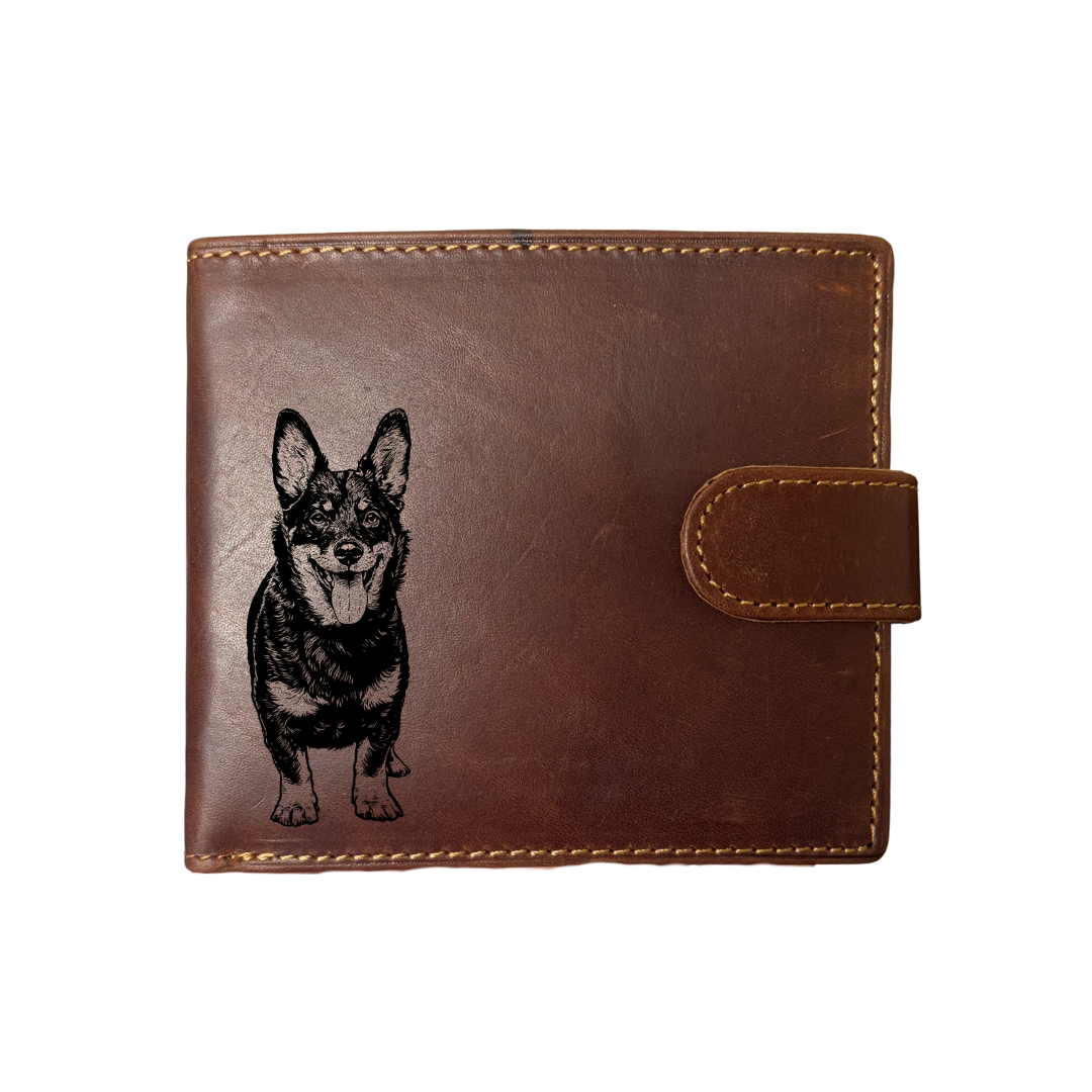 Personalised Lancashire Heeler Standing Engraved Dark Tan Genuine Leather Wallet