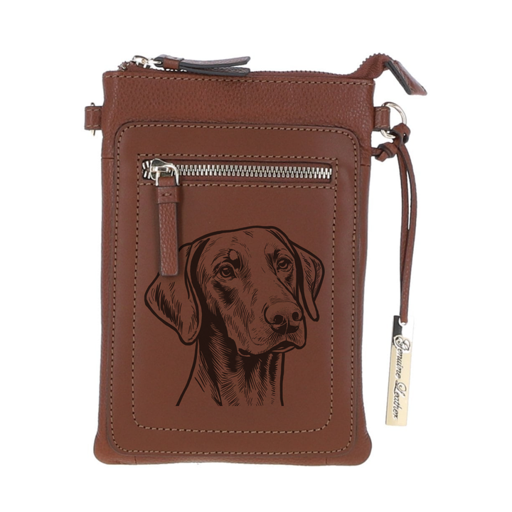 Personalised Dobermann Engraved Leather Crossbody Smart Phone Bag