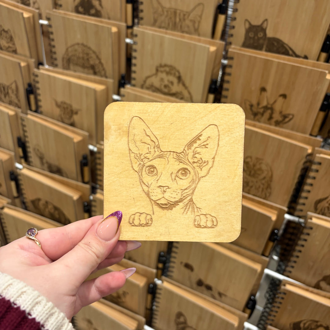 Sphynx Cat Illustration Engraved Wooden Coaster